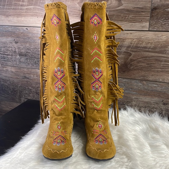 Ladies Moccasin Knee High Suede Wide Calf Leg Boots, Tan, - Picture 3 of 13